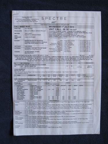 Original call sheet for james - call,
